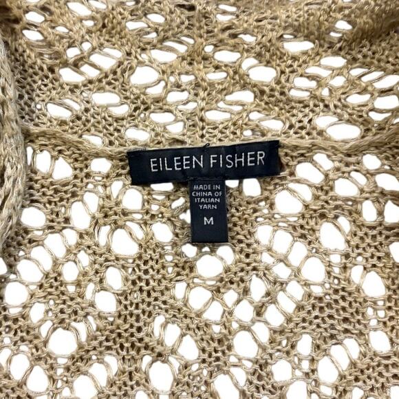 Eileen Fisher Shrug Cardigan Sweater Sz Medium Tan Crochet Knit Open Linen Blend - Picture 2 of 13
